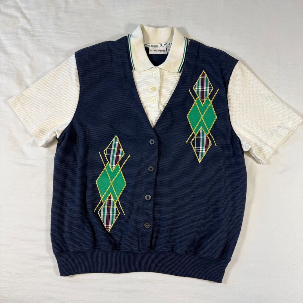 Alfred Dunner Layered-Look Sweater Vest Polo Women's M Navy Argyle